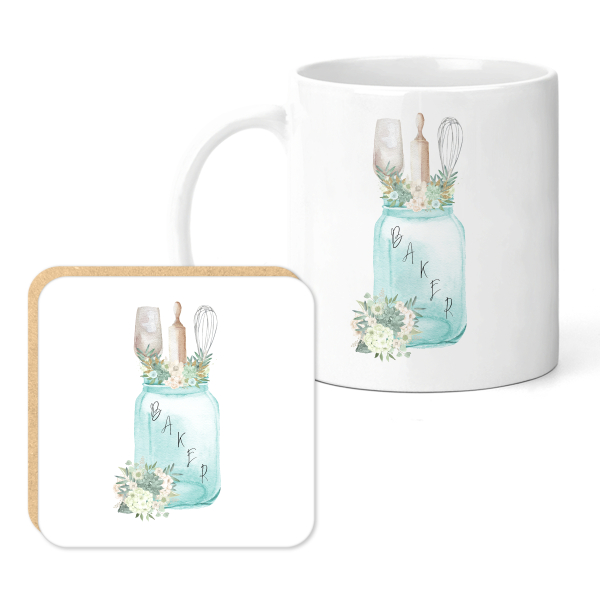 Personalised Mug & Coaster Set - Watercolour Baker Mason Jar