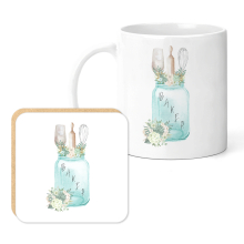 Personalised Mug & Coaster Set - Watercolour Baker Mason Jar