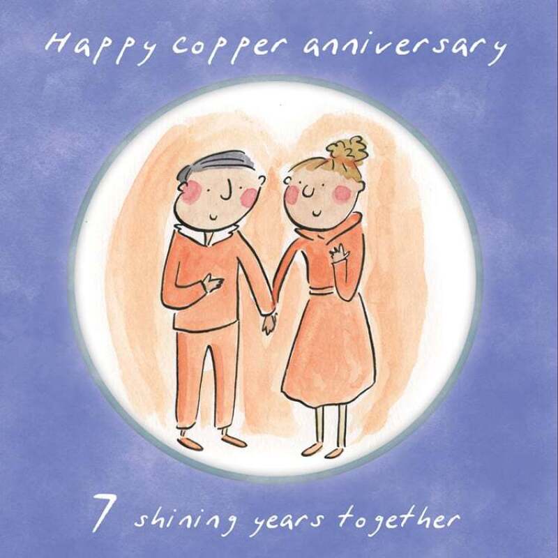 Holy Mackerel 7th (copper) wedding anniversary card by Artist Rosie Brooks. 15cm square and blank inside. Anniversary card for him, her, husband, wife, couple etc