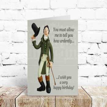 Ardent wishes, funny Jane Austen’s Mr Darcy themed birthday card - designed by Erica Sturla - 15cm square and blank inside, made in the UK