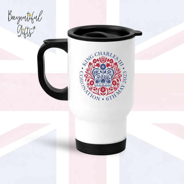 King Charles III Coronation Day May 2023 Official Emblem Travel Mug - Red & Blue