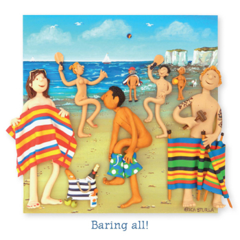 Holy Mackerel baring all seaside cheeky blank greeting card - designed by artist Erica Sturla - 15cm square and blank inside for your own message