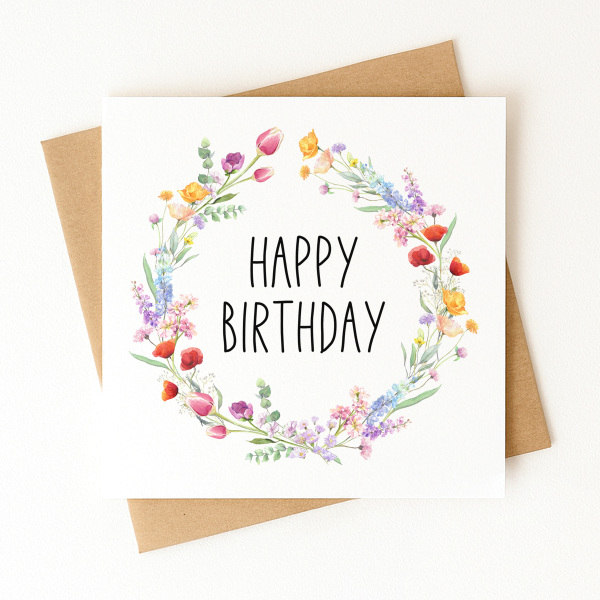 Birthday Card - Floral Happy Birthday Wreath - Standard Smooth Card