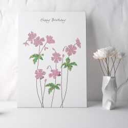 Feminine floral geranium birthday card for her -  designed by Eloise Hall - 15.7 x 11cm and blank inside, made in the UK