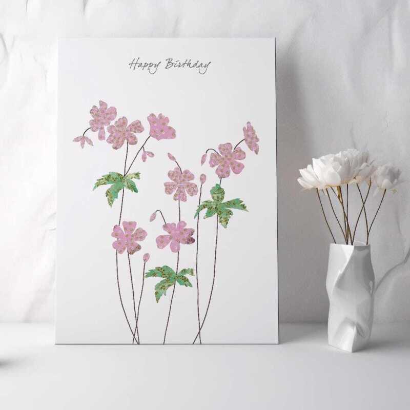Feminine floral geranium birthday card for her -  designed by Eloise Hall - 15.7 x 11cm and blank inside, made in the UK