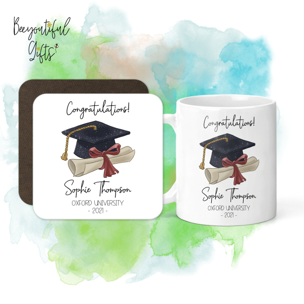 Personalised Graduation Mug & Coaster Set - Cap & Diploma