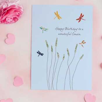 Dragonflies cousin birthday card -  designed by Eloise Hall for Holy Mackerel - 15.7 x 11cm and blank inside, made in the UK