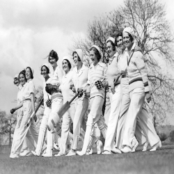 Holy Mackerel womens cricket team retro black and white photographic card featuring a vintage image of girls heading out to the crease - 12.6 x 17.7cm and blank inside