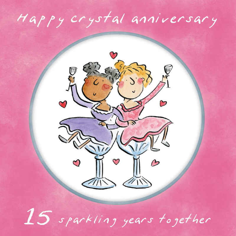 Holy Mackerel same sex LGBTQ+ 15th Crystal anniversary card (female) by Rosie Brooks - blank inside - 15cm square