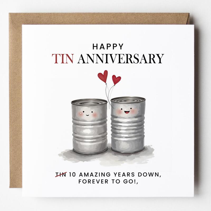 10 Year Anniversary Card For Husband, Wife 10th Anniversary Card, Happy Tin anniversary 10 year Card Funny Greeting Card wife husband - Add a Message