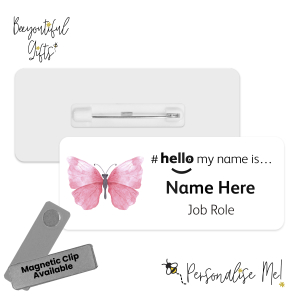 Name Badge - Watercolour Pink Butterflies Hello My Name is... - Design 2