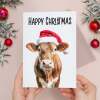 Fun Christmas Card of a Cow Wearing A Santa Hat Whimsical Christmas Card For Animal Lover For Him or Her - Portrait (5x7) / Blank Inside