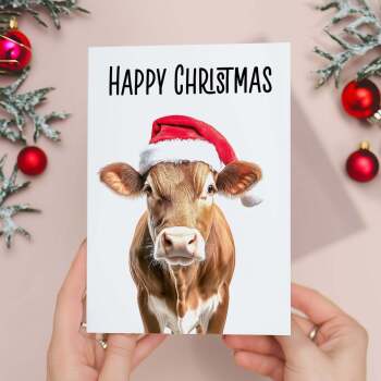 Fun Christmas Card of a Cow Wearing A Santa Hat Whimsical Christmas Card For Animal Lover For Him or Her