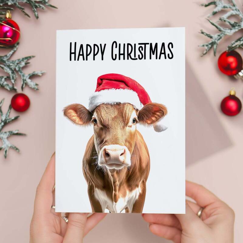 Fun Christmas Card of a Cow Wearing A Santa Hat Whimsical Christmas Card For Animal Lover For Him or Her - Portrait (5x7) / Blank Inside