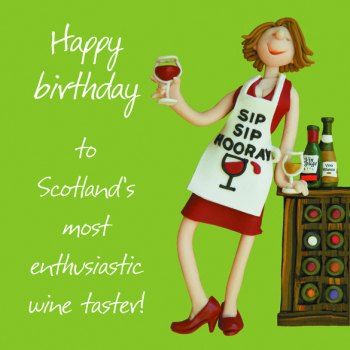 Scotland Wine Taster Birthday Greetings Card, Designed by Erica Sturla for Holy Mackerel. Card is 150mm Square and Blank Inside.