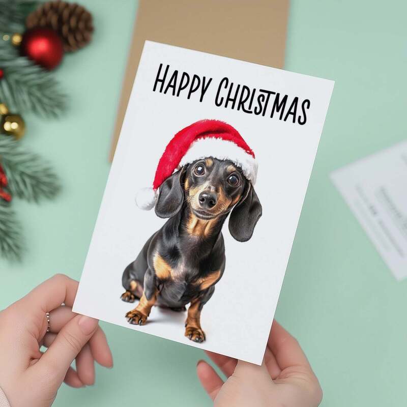 5 x Fun Christmas Card of a Dachshund Dog Wearing A Santa Hat Whimsical Christmas Card For Animal Lover For Him or Her - Small (4x6) / Pack of 5