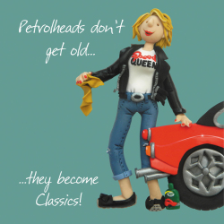 Holy Mackerel petrolhead car themed female birthday card for her - designed by artist Erica Sturla - 15cm square and blank inside for your message - made in the UK