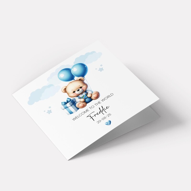 Personalised New born Baby Boy Card Teddy Bear Birth Announcement &ndash; Blue Balloons Keepsake - Smooth No Message - Kraft Brown