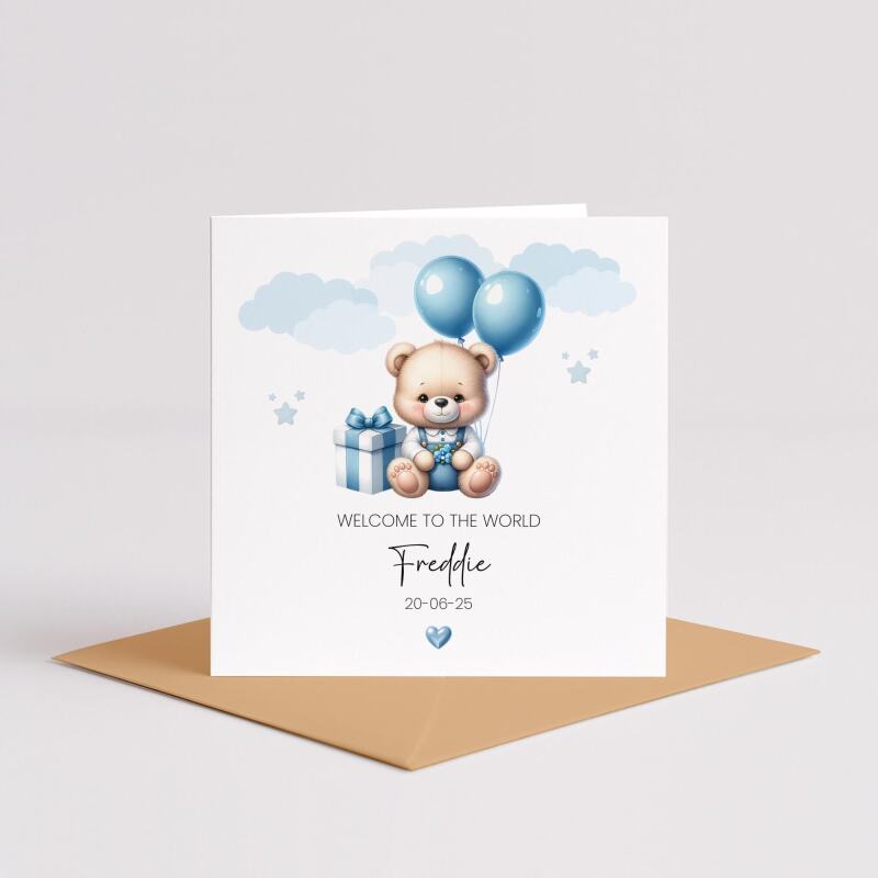 Personalised New born Baby Boy Card Teddy Bear Birth Announcement &ndash; Blue Balloons Keepsake - Smooth No Message - Kraft Brown