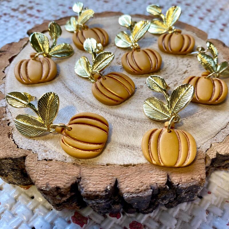 Polymer Clay Pumpkin Earrings: Gold Leaf Autumn Dangles