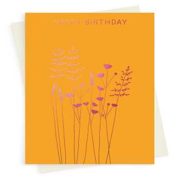 Happy birthday card with a pretty pink foil buttercups and grass print - designed by artist Eloise Hall - 15.7 x 11cm and blank inside