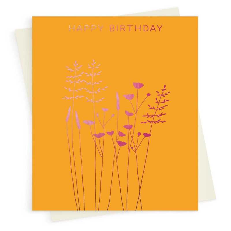 Happy birthday card with a pretty pink foil buttercups and grass print - designed by artist Eloise Hall - 15.7 x 11cm and blank inside