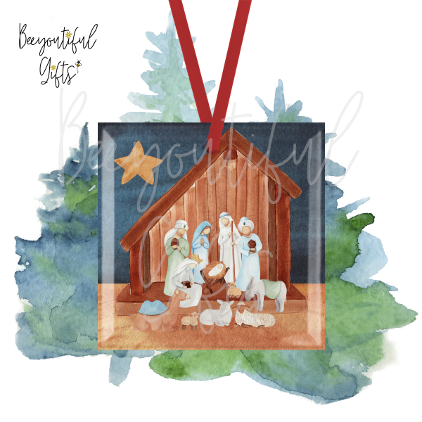 Glass Christmas Tree Decoration - Watercolour Nativity Scene