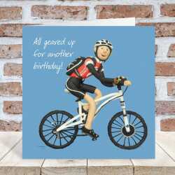 Geared up bike themed birthday card for him - designed by Erica Sturla - 15cm square and blank inside, made in the UK