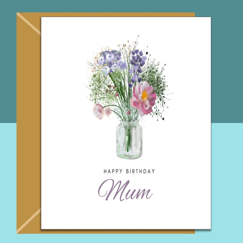 Mum birthday card, personalised inside, Floral Design, Custom Message Inside, Glossy or Matte Finish, 3 sizes, for Mom on her birthday. - Blank inside - Regular - Matte