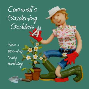 Cornwall's Gardening Goddess Birthday Greetings Card, Designed by Erica Sturla for Holy Mackerel. Card is 150mm Square and Blank Inside.