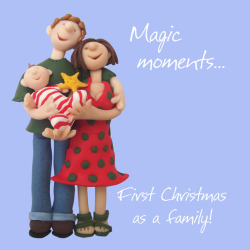 First Christmas as a family, 150mm square Christmas card for parents with a new baby, by artist Erica Sturla