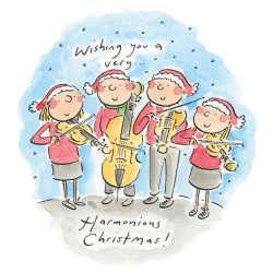 Harmonious Christmas, a 150mm square festive Christmas greetings card featuring Rosie Brooks artwork, message inside reads Merry Christmas
