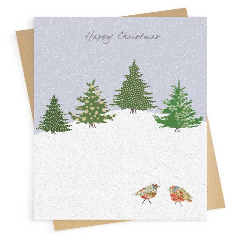 Robins and trees christmas card -  designed by Eloise Hall - 15.7 x 11cm and blank inside, made in the UK