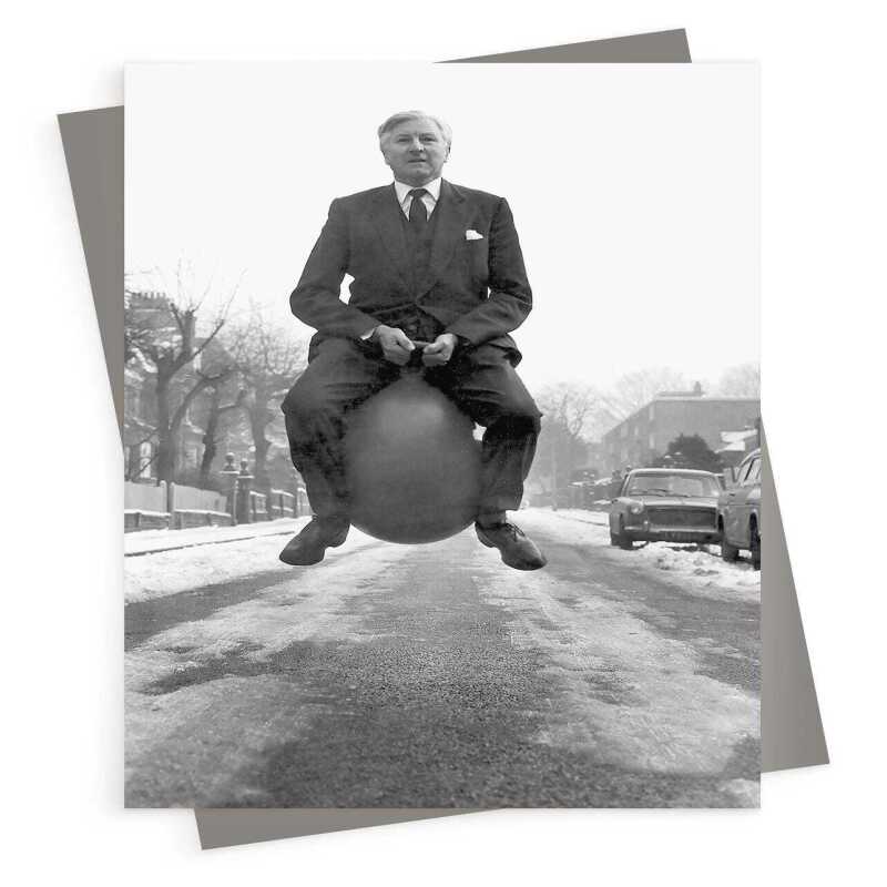 Space hopper, vintage photographic card featuring Stanley Tozer bouncing - 12.6 x 17.7cm and blank inside - made in the UK