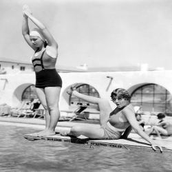 Holy Mackerel diving board retro black and white photographic card featuring a vintage image of friends art the swimming pool - 12.6 x 17.7cm and blank inside
