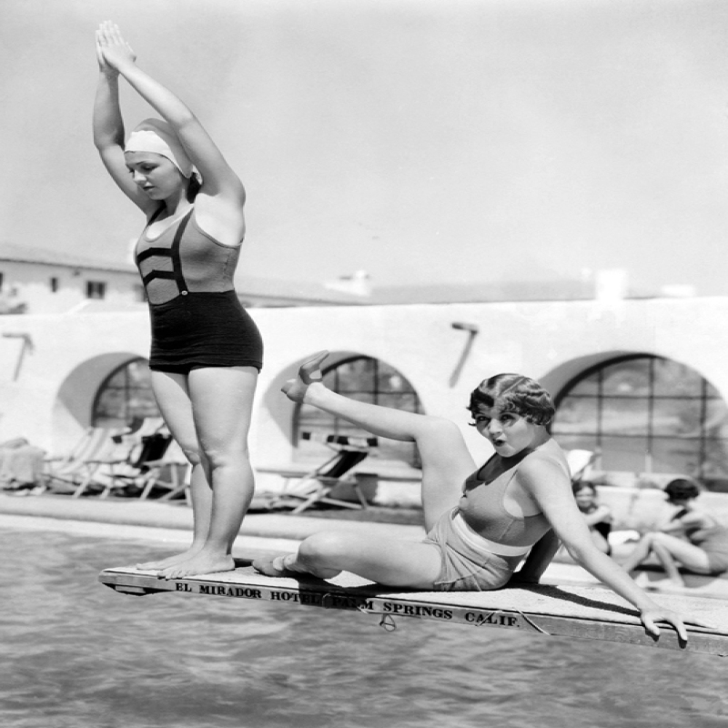 Holy Mackerel diving board retro black and white photographic card featuring a vintage image of friends art the swimming pool - 12.6 x 17.7cm and blank inside