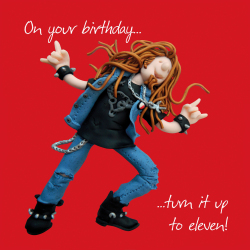 Holy Mackerel turn it up to 11 heavy metal themed birthday card - designed by artist Erica Sturla - 15cm square and blank inside for your message - made in the UK