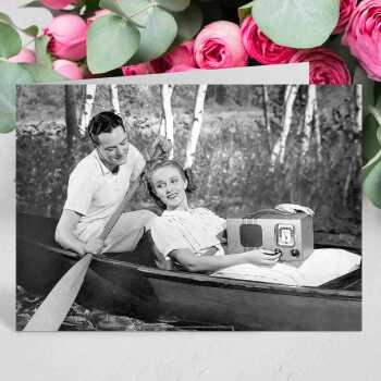 Cruising to music, vintage photographic black and white canoe themed card  - 12.6 x 17.7cm and blank inside - made in the UK
