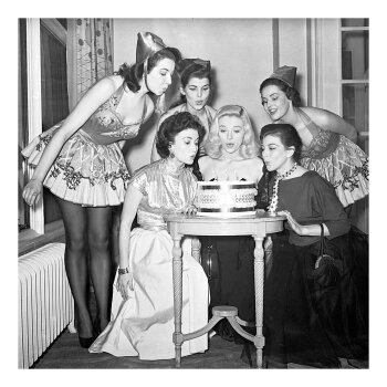 Holy Mackerel Diana Dors and friends retro black and white photographic card featuring a vintage image of glamorous women with a birthday cake and candles - 15cm square and blank inside