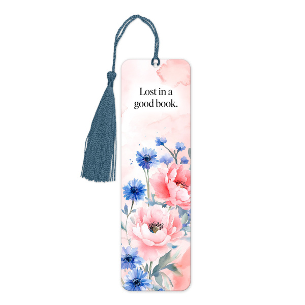 Aluminium Bookmark with Tassel - Lost In A Good Book - Tall (Approx. 150mm x 45mm) - Double-Sided Print