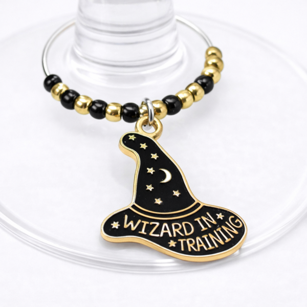 Handmade Wine Glass Charm - Enamel Wizard In Training Hats