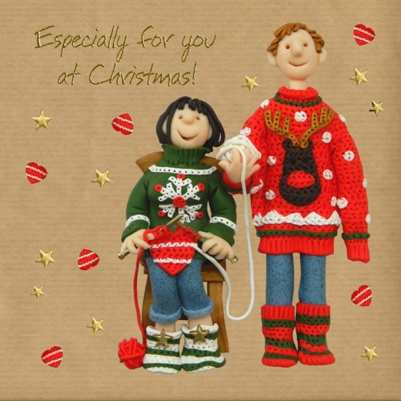 Holy Mackerel Especially for you, a knitting themed festive foiled Christmas card designed by Erica Sturla, 15cm square & blank inside for your message.