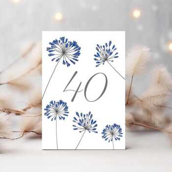 Feminine floral 40th greeting card -  designed by Eloise Hall - 15.7 x 11cm and blank inside, made in the UK