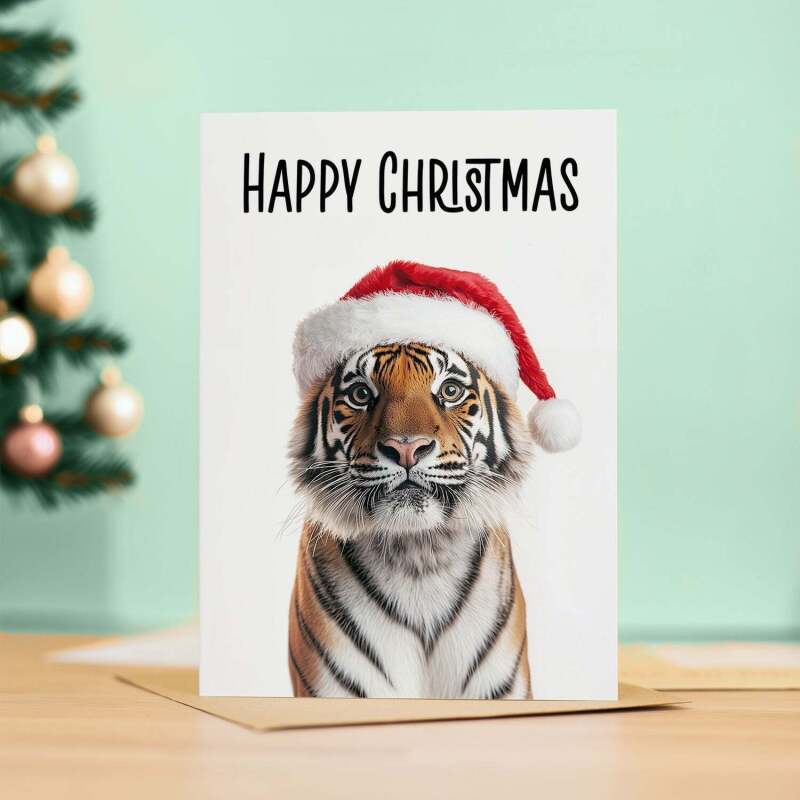Fun Christmas Card of a Tiger Wearing A Santa Hat Whimsical Christmas Card For Animal Lover For Him or Her - Portrait (5x7) / Blank Inside