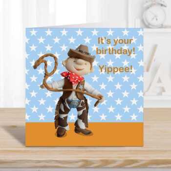 Birthday cowboy - child's birthday card designed by Erica Sturla - 15cm square and blank inside, made in the UK
