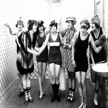 Holy Mackerel cold shower retro black and white photographic card featuring a vintage image of beach fun - 12.6 x 17.7cm and blank inside