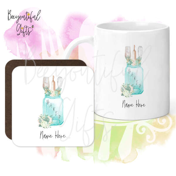 Personalised Mug & Coaster Set - Watercolour Baker Mason Jar