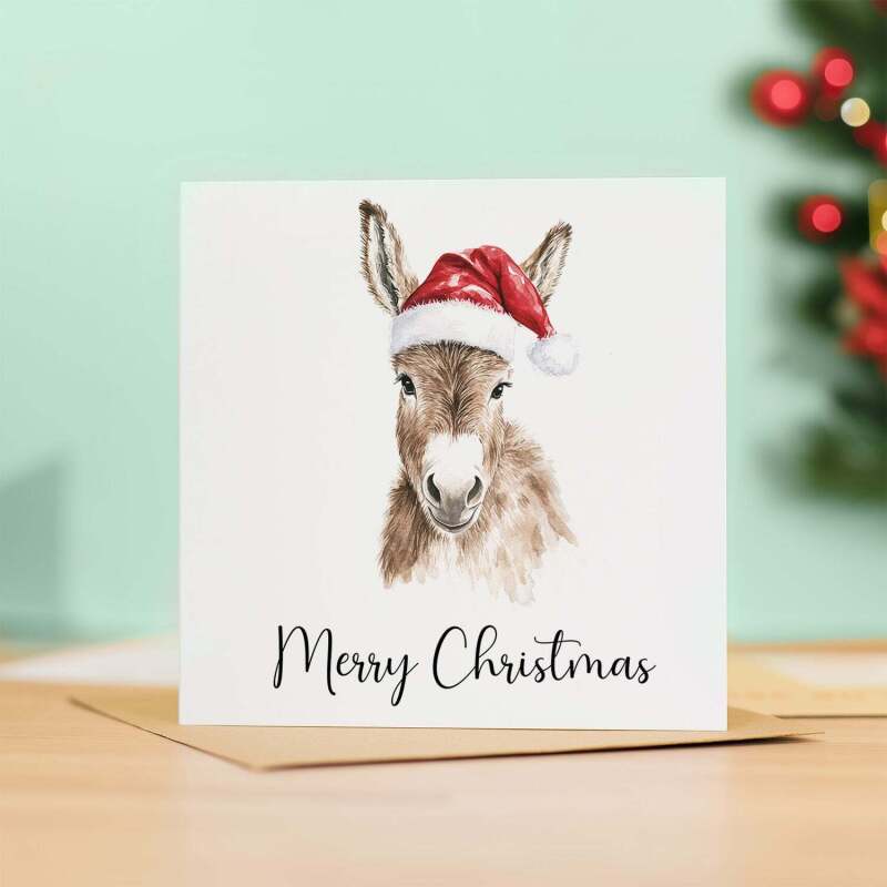 Fun Christmas Card of a Donkey Wearing A Santa Hat Whimsical Watercolour Christmas Card For Animal Lover For Him or Her - Square (5.5x5.5) / Blank Inside