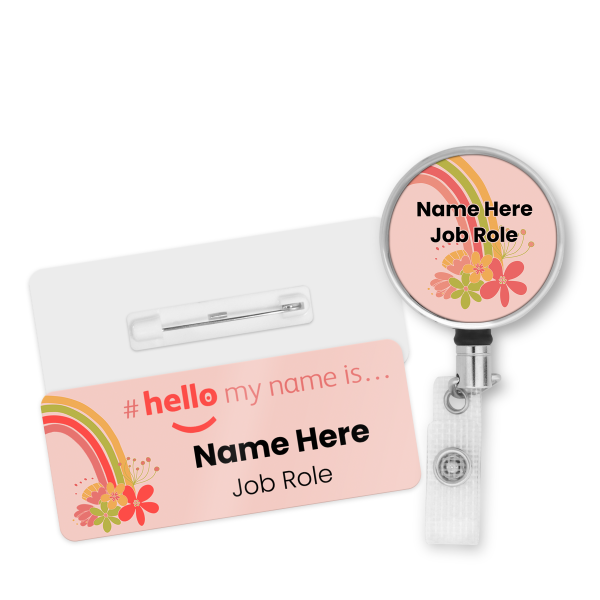 Name Badge & Metal ID Reel - Pink Floral Rainbow Hello My Name is...