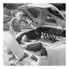 Holy Mackerel mobile cocktail cabinet retro black and white photographic card featuring a vintage image of drinks in a car boot - 15cm square and blank inside